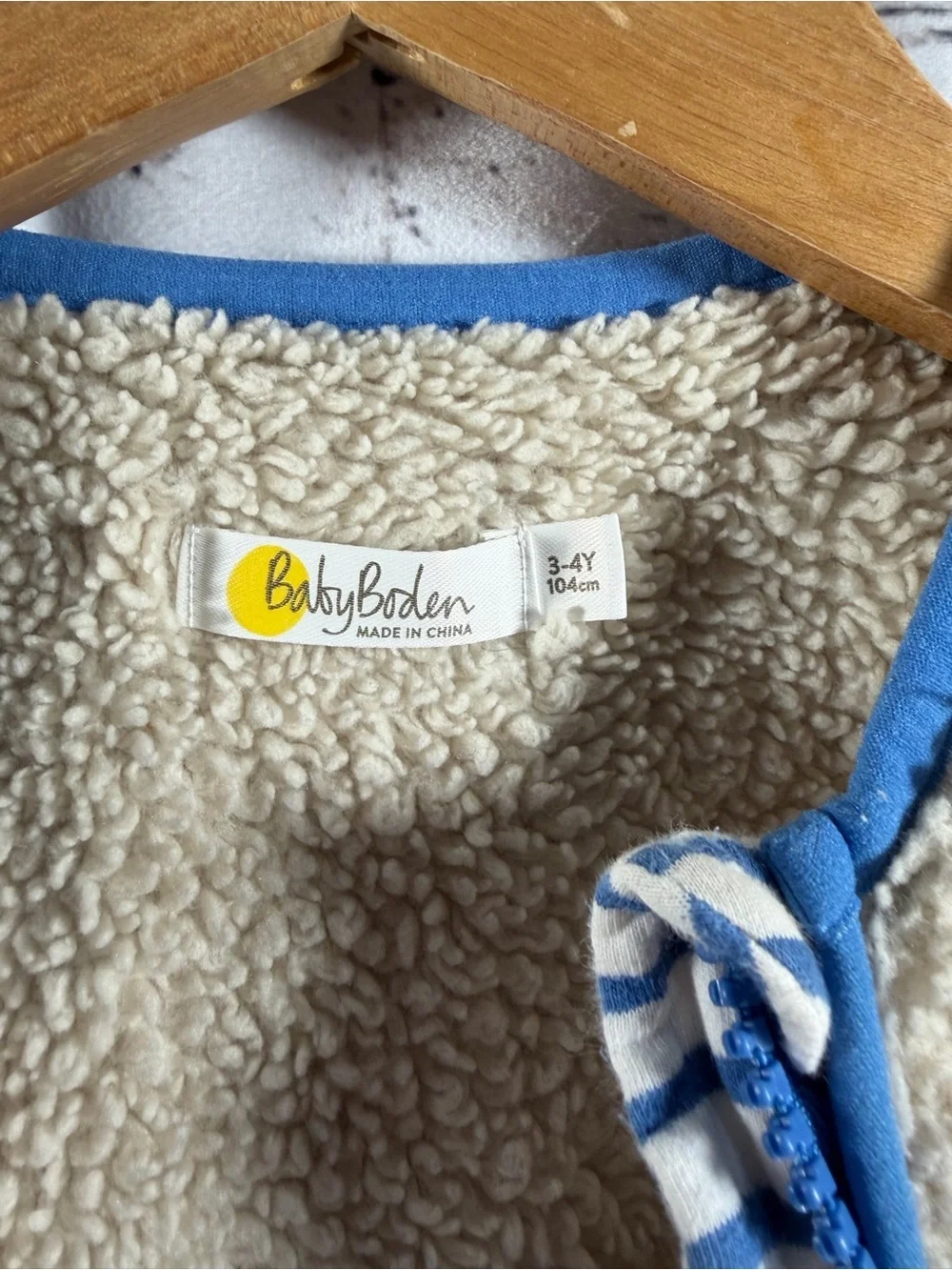 Baby Boden Cream Sherpa Vest with Blue Trim